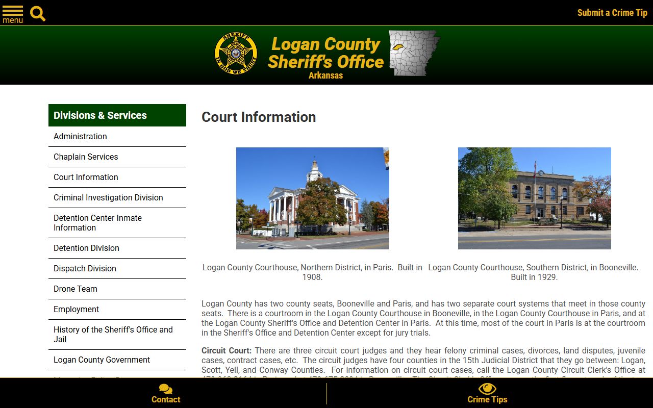 Logan County court records after arrest court information page for Paris Booneville and detention center court locations