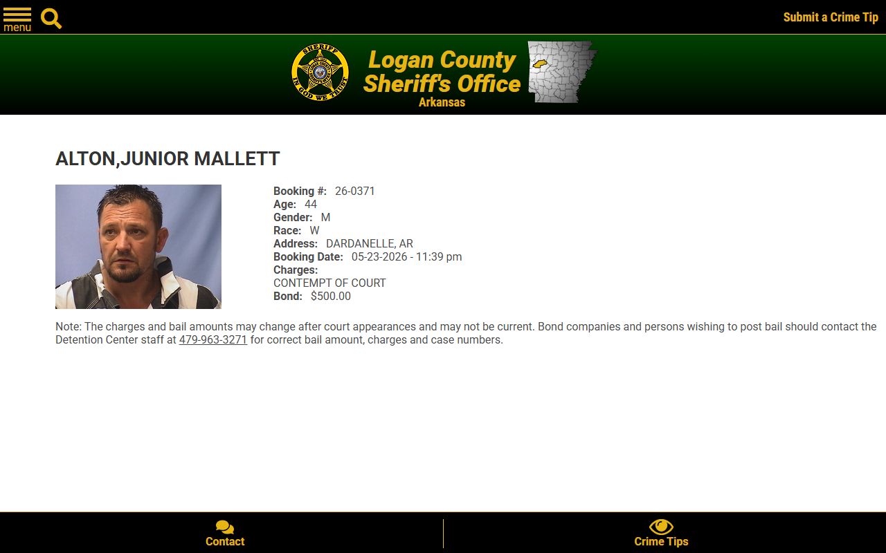 Logan County inmate profile record with mugshot booking number charge and bond fields